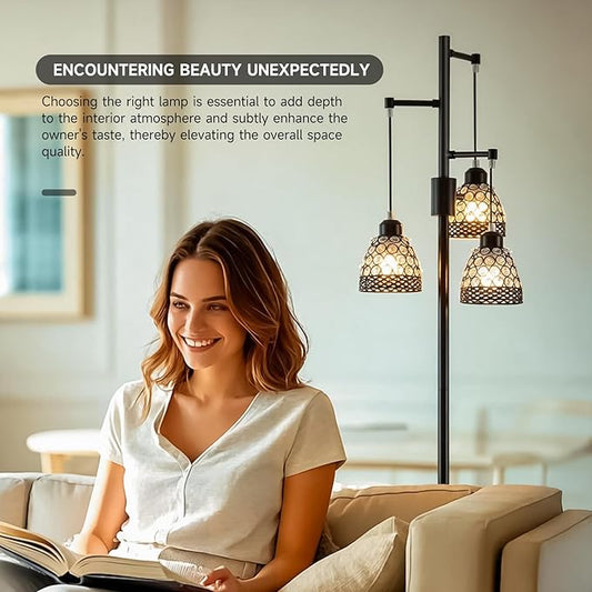 -Modern 3-Head Floor Lamp with Crystal Beads, Industrial Metal Standing Lamp Adjustable Hanging Light for Living Room-Black