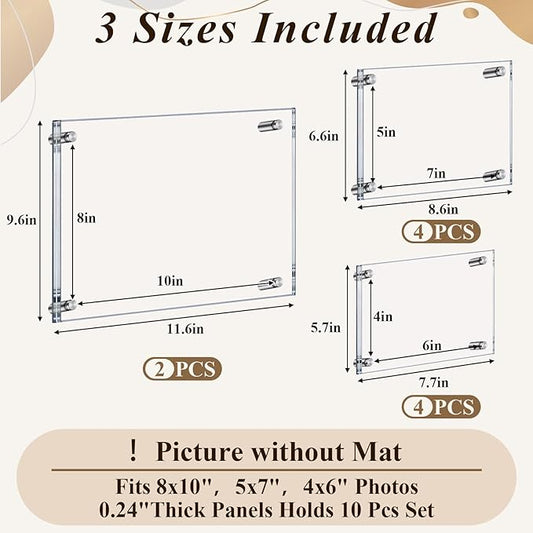 Novabright 8x10, 5x7, 4x6 Inch Acrylic Floating Picture Gallery Frame Set 10 Pack 3 Size Wall Mount Clear Picture Floating Frame Bulk Double Panel Hanging Photo Frameless Frames Office Home Display