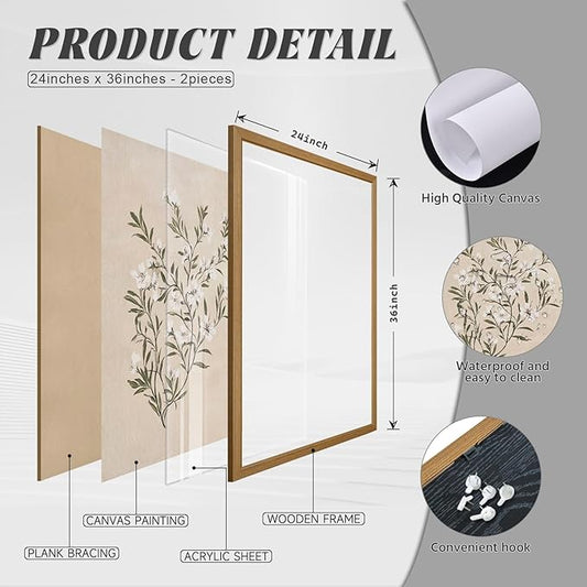 Vintage Botanical Wall Art Neutral Floral Prints Farmhouse Flower Canvas Wall Decor Watercolor Wildflower Pictures Nature Minimalist Artwork for Living Room Bedroom 24x36 Inch Wood Framed Set of 2