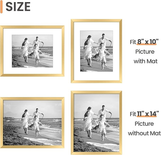 upsimples 11x14 Picture Frame Set of 3, Made of High Definition Glass for 8x10 with Mat or 11x14 Without Mat, Wall and Tabletop Display Photo Frames, Gold
