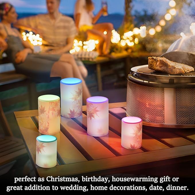 Thanksgiving Decorations Lights Flameless Candles Thanksgiving Autumn Leaves Golden Maple Leaves Pillar Candles Set of 2 Battery Operated Remote Control Warm Lights