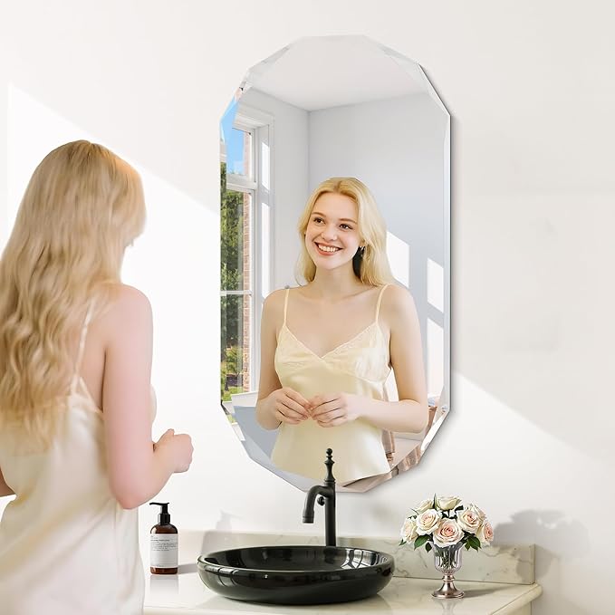 GLASHOM Frameless Bathroom Mirror, 20" x 40" Beveled Oval Wall Mirror for Over Sink, 20 Inch Modern Decorative Vanity Mirror for Bedroom, Living Room, Entryway, Hanging Mirror Horizontal or Vertical
