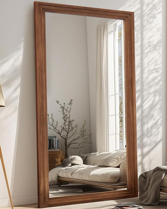 Full Length Mirror, 76"x34" Wooden Mirror Full Length with Stand Wood Floor Mirror, Oversized Stand Up Mirrors Large Wall Mirrors, Wall Mounted Mirrors, Rect Wood Style, Brown