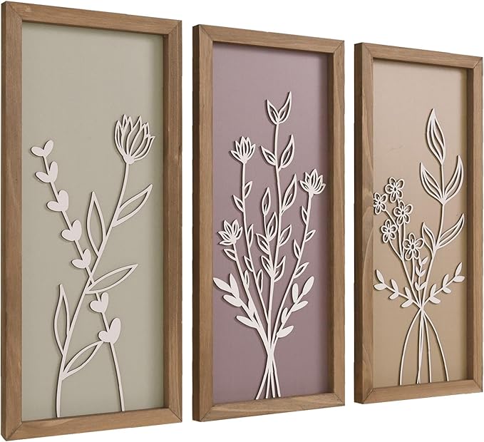 pechpell Set of 3 Wooden 3D Flower Wall Art Wood Framed, 15.7×7.1 Inch Floral Boho Wall Decor, Rustic Farmhouse Home Artwork for Bedroom Bathroom Living Room Kitchen Decorations