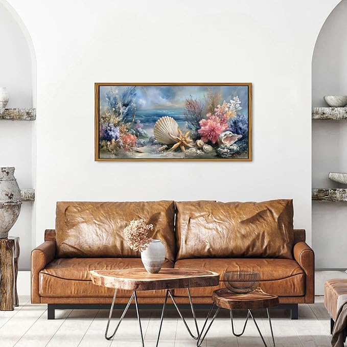 Coastal Coral Wall Art Rustic Seashell Framed Painting Graffiti Abstract Seascape Bathroom Wall Decor Blue Ocean Beach Picture for Living Room Conch Starfish Canvas Print Artwork Home Decoration 20x40