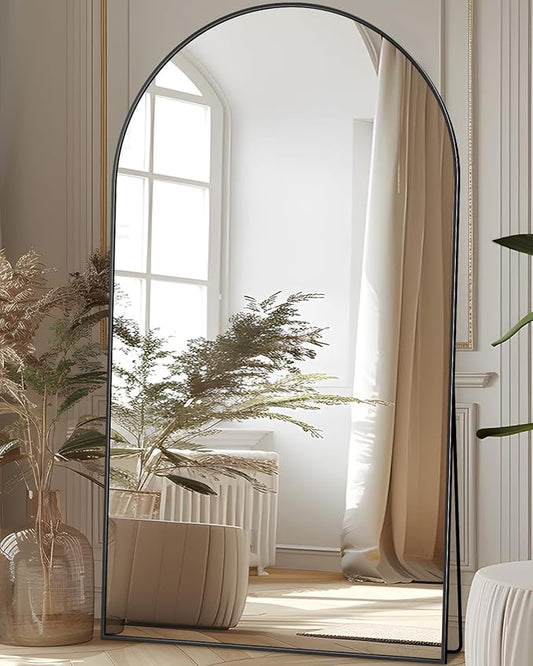Full Length Mirror, 78"x38" Oversized Floor Mirror Freestanding, Full Body Floor Standing Mirror with Stand, Hanging Mounted for Bedroom Living Room, Black, Arched Style