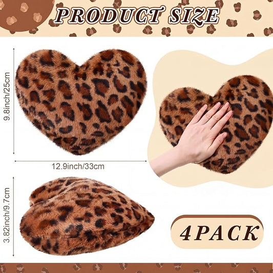 4 Pack Leopard Heart Shaped Pillow Small Cheetah Print Love Pillows 13 x 10 Inch Faux Rabbit Fur Pillows Leopard Throw Heart Pillow for Wedding, Anniversary, Vintage Room Decorative