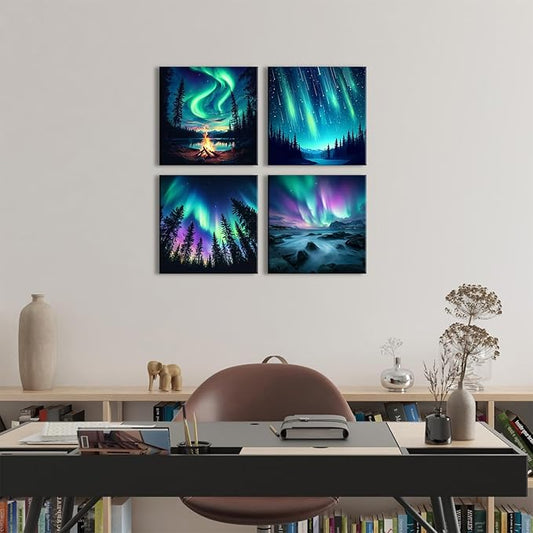 Northern Lights Wall Art Aurora Mountain Scenery Pictures Wall Decor Colorful Forest Landscape Canvas Prints Paintings Nature Aurora Borealis Posters Farmhouse Artwork Living Room Decoration 12x12”