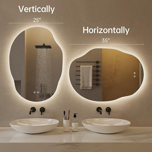 LOVESPEJO Irregular Backlit Mirror Bathroom 25x35 Inch, Asymmetrical LED Bathroom Mirror with Lights, Fogless, Dimmable, 3 Color Changing, Horizontal/Vertical