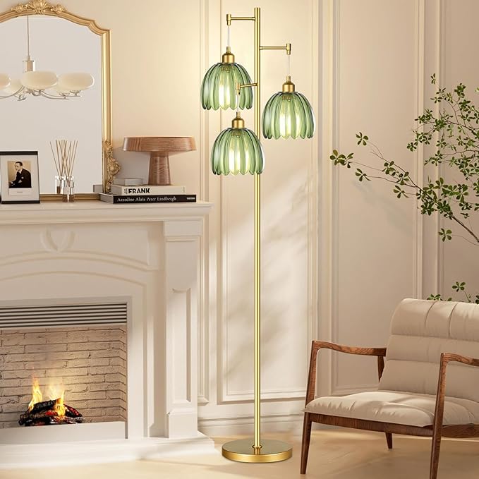AHDWDW Gold Floor Lamp for Living Room Bedroom,Modern Tree Floor Lamps with Green Glass Shades,68IN Tall Standing Lamp with Bulbs,3 Lights Mid Century Vintage Floor Lamp for Corner Office Reading