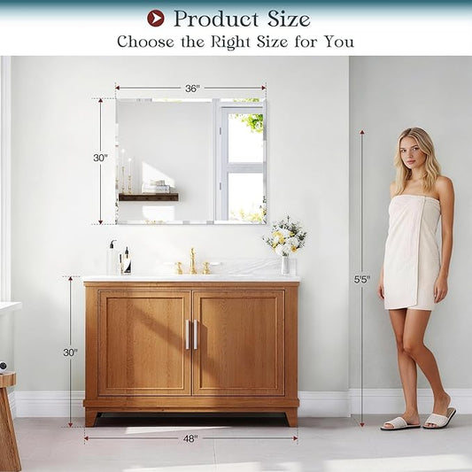 Frameless Bathroom Mirror, 30"x36" Beveled Bathroom Mirror for Vanity, Wall Mount Mirrors for Bedroom Entryway Living Room Hangs Horizontally or Vertically