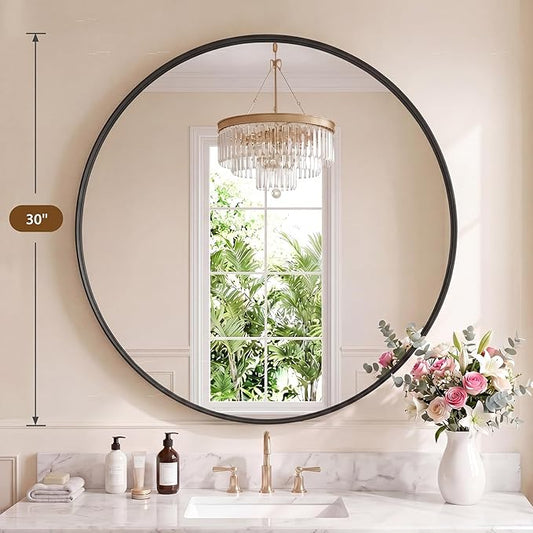 NEWBULIG 30-Inch Round Wall Mirror, Bathroom Wall Circle Mirror with Metal Frame, Bathroom Decor for Entryway, Living Room, Vanity, Black
