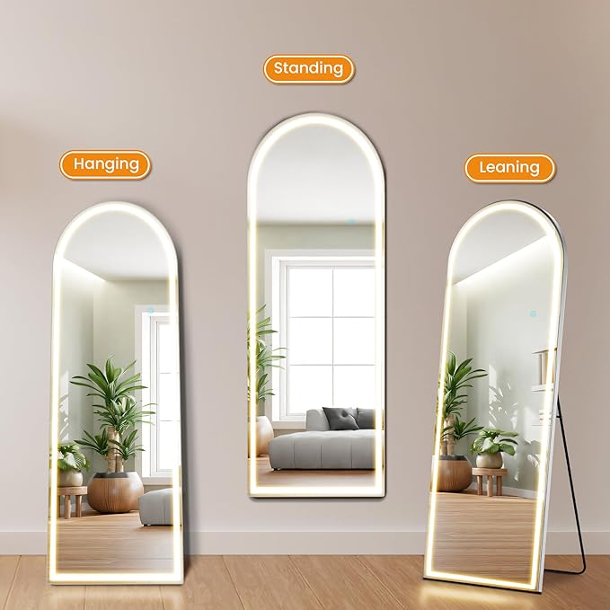Arched Full Length Mirror with Stand 20"×63", Upgraded Full Body Mirrors with LED Light 3 Color Lighting, Floor Standing, Hanging or Leaning Modern Simple Home Wall Decor, White