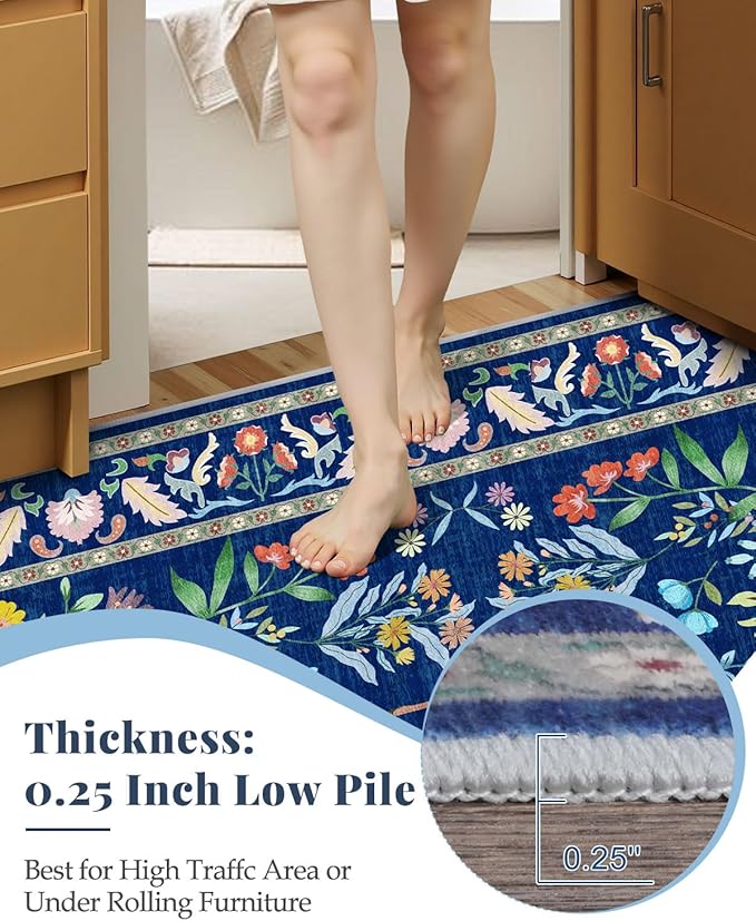 5x7 Blue Rugs for Living Room, Stain Resistant Non Slip Area Rug for Dining Room, Bedroom Floral Décor Indoor Carpet, Low Pile & Soft