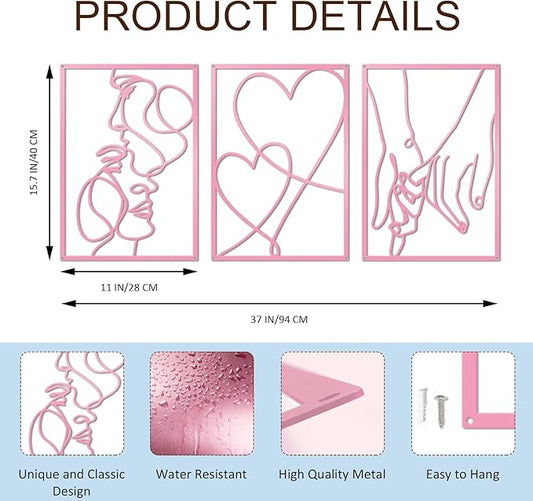 ESTART 3 Pieces Metal Minimalist Line Wall Art, Valentine's Day Lover Kiss Hand Metal Wall Decor, Aesthetic Modern Home Hanging Wall Art Decor for Bedroom Living Room (Pink)