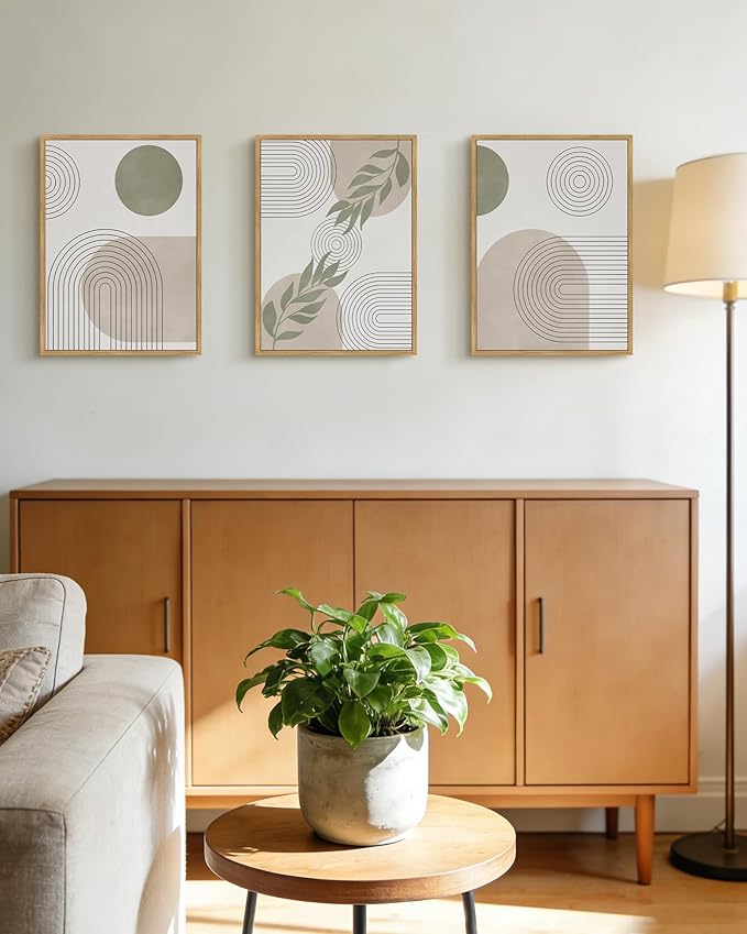Drsoum Green Botanical Boho Wall Art Framed Modern Bohemian Sage Wall Decor Abstract Geometry Lines Prints Ready to Hang 11x14in Natural Framed