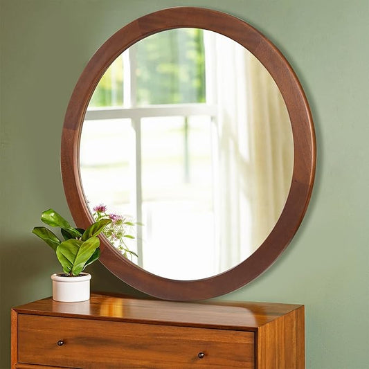 CULER Round Mirror 36 Inch,Wood Rustic Bathroom Tempered Wall Mirror with Walnut Frame,Farmhouse Wooden Vanity Circle Mirrors for Living Room,Entryway or Bedroom(Walnut Brown)