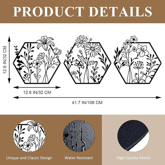 ESTART 3 Pcs Metal Flower Wall Decor Minimalist Floral Wall Hanging Decor Metal Flower Rustic Floral Art for Spring Bedroom Bathroom Living Room Kitchen Dining Room Decoration (Black)