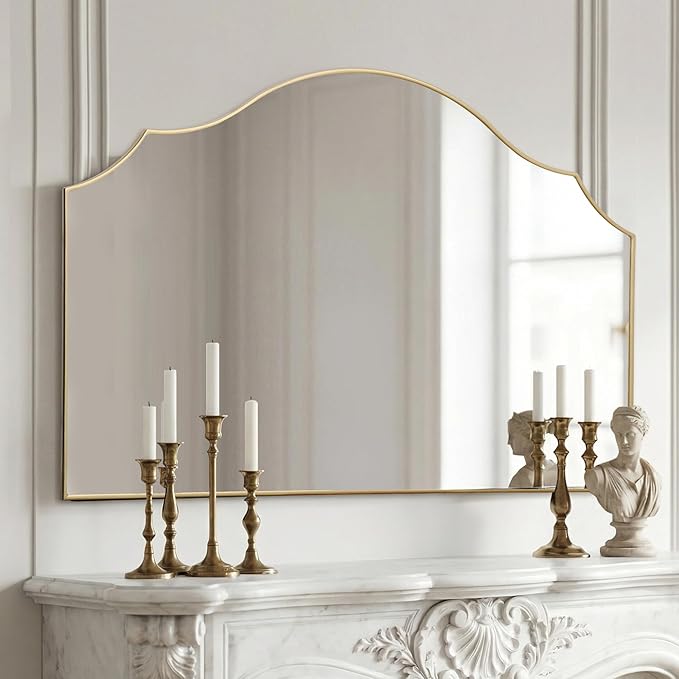 Besdomus Large Scalloped Gold Mirror: 47"x31" Modern Minimalist Wood Frame Wall Mirror - Decorative Vanity Arched for Bathroom/Dresser/Entryway/Fireplace/Living Room - Stylish Home Decor