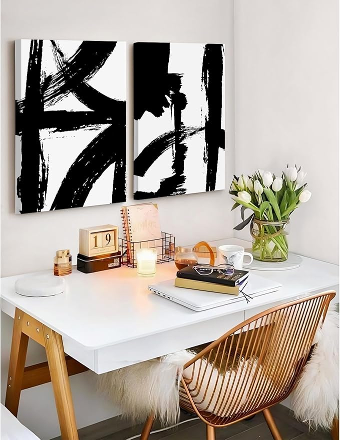 Black and White Wall Art Abstract Modern Painting Minimalist Line Canvas Wall Art Decor Black And White Poster Abstract Artwork Prints for Living Room Bedroom 12x16 Inch Wrapped Canvas Set of 2