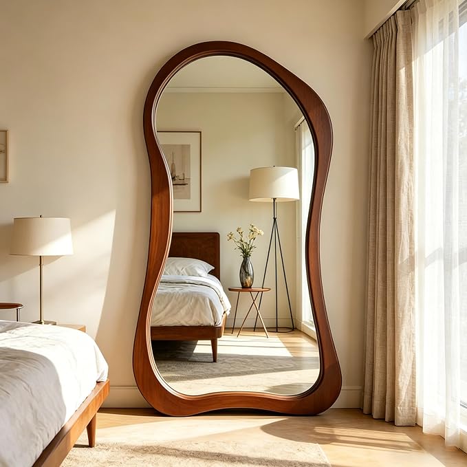 Irregular Full Length Mirror, 71"x33.5" Premium Oversized Organic Floor Mirror with Solid Wood Frame, Asymmetrical Full Body Mirrors for Living Room Entryway Cloakroom, Leaning/Hanging