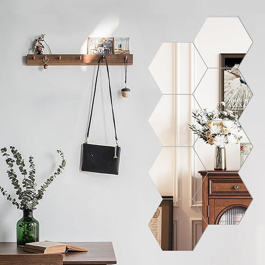 LXCREAT Hexagon Mirror Stickers for Walls 7.8x7.8 Inch 4PCS Peel and Stick Self Adhesive Acrylic Mirrors Tiles 2mm Thick Stick on Wall Mirrors Bathroom Gym Home Decorative