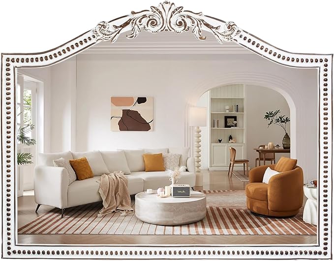 HOITUZYUS 32x42 Inch Ornate Arched Wooden Wall Mirror, Rustic Farmhouse Decorative Mirror for Fireplace, Living Room, Bedroom, Entryway, Bathroom Over Sink