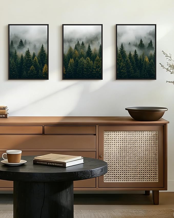 Drsoum Fog Pine Tree Landscape Wall Art Framed Nature Misty Nordic Forests Prints Morden Farmhouse Rustic Artwork Hallway Bathroom Ready to Hang 11x14in Black Framed