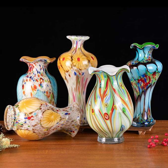KAMMAK Colored Glass Vase, Beautiful Hand Blown Decorative Vase, Modern Art Vase for Flower Mantle Dining Table Centerpiece, Entryway Living Room Wedding Decoration, 8HPQSKQ024