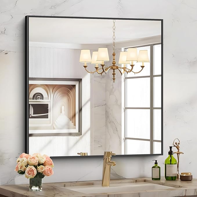 COFENY Black Bathroom Mirror for Wall, 30x30 Inch Rectangle Mirrors with Metal Frame, Modern Vanity Wall Square Mirror for Bathroom Living Room, Entryway Hangs Horizontal or Vertical
