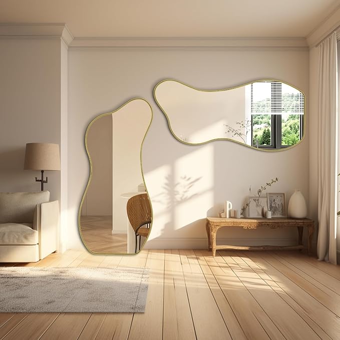 Large Irregular Wall Mirror, 63"x30" Asymmetrical Aesthetic Floor Mirror with Gold Metal Frame, Modern Organic Shaped Mirrors for Living Room Bedroom Hallway Entryway, Hanging or Leaning