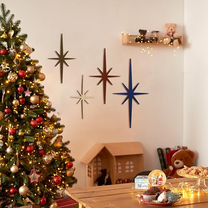 Blulu 4 Pcs Cast Iron Starburst Shaped Wall Decor Metal Mid Century Modern Decor Retro Atomic Stars Wall Art Elegance Accents Vintage Celestial Whimsigoth Hangings for Home Office Room(Neutral)