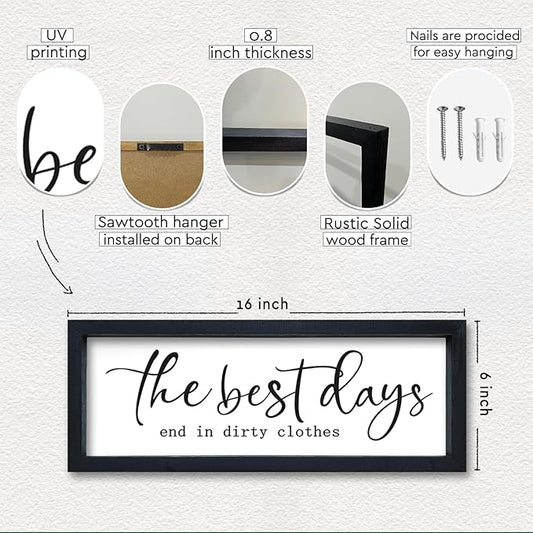 Laundry Room Wall Decor 16"×6" The Best Days End In Dirtiest Clothes Sign Funny Modren Bathroom Large Plaque Wood Framed Wall Hanging Art (Black)
