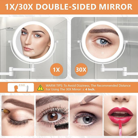 Auxmir 1X/30X Wall Mounted Makeup Mirror with Light, 8" Rechargeable Double-Sided Magnifying Mirror, Vanity Mirror Dimmable 3 Color Light, 360° Extension Rotation Foldable 14.5 Inch Arm, White