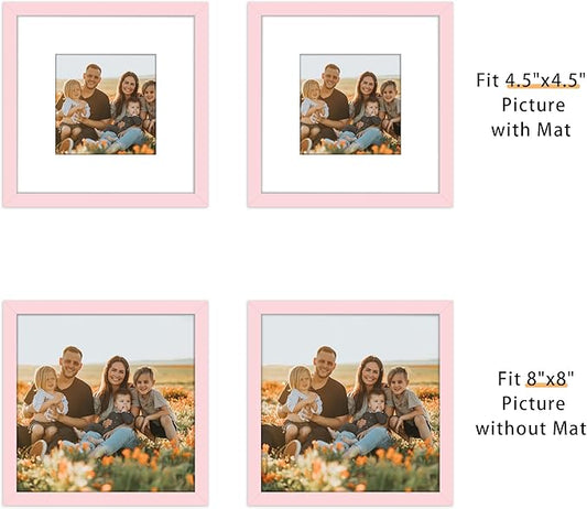 Picrit 8x8 Picture Frame Set of 12, Display 5x5 with Mat or 8 x 8 without Mat, Photo Frames for Wall Mounting or Table Top Display, Pink