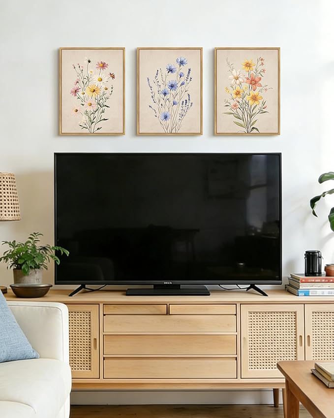 PHOPAGO Vintage Wildflower Bouquet Framed Wall Art Botanical Flower Wall Decor Modern Colorful Floral Living Room Bedroom Hanging Decor - 11x14in Natural Framed