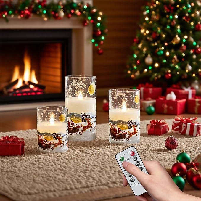 Santa Glass Flameless Candles Rechargeable Battery Operated with Remote and Timer Real Wax LED Flickering Pillar Candles White Cold Light Window Christmas Holiday Decor D3 x 4",5",6"