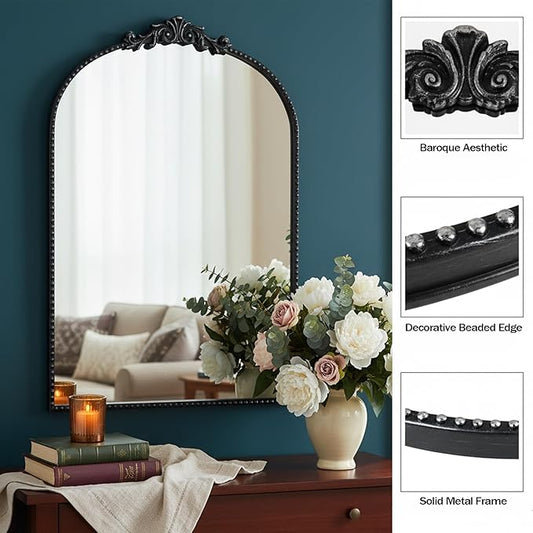 ZIYOO Vintage Baroque Arched Wall Mirror 36"x24", Black Ornate Antique French Traditional Decor Mirror for Entryway Living Room Fireplace (Black Metal,36" x 24")