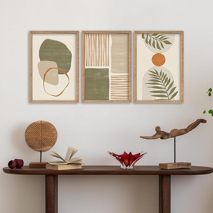 SRSZHIYUE Large Green Abstract Boho Plant Wall Art Neutral Bohemian Set of 3 Wood Framed 24x16 Inch for Living Room Bedroom Wall Decor Hanging (Wood)