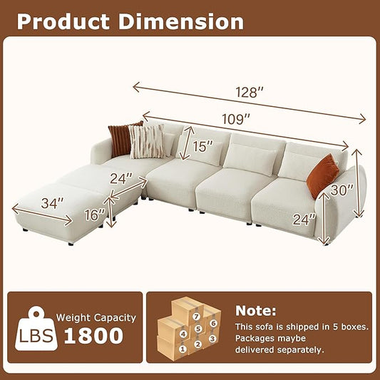 U Shaped Cloud Sectional, Convertible L Shaped Couch with Removable Ottomans,Modular Cloud Couch Sectional for Living Room(4 Set + 2 Ottomans - White)