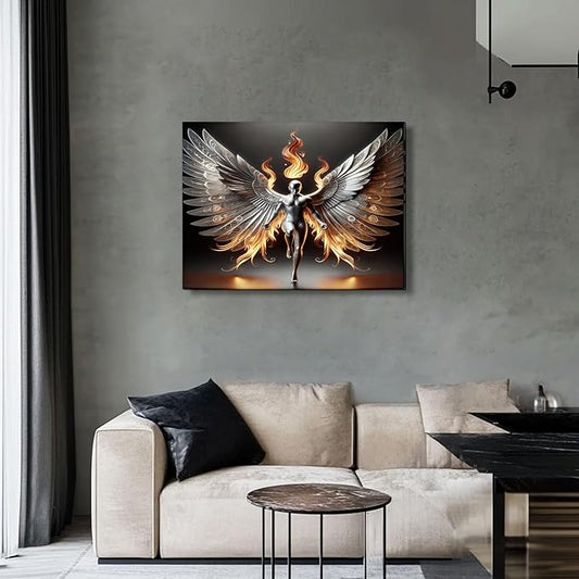 3D Metal Angel Wall Art Mural Futurism Poster Cybernetics Wing Warriors Canvas Printed Images Science Fiction Robot Artwork with Wings of Fire Modern Fantasy Gallery Decoration, Living Room Bedroom Office Manhole 16x24 inches