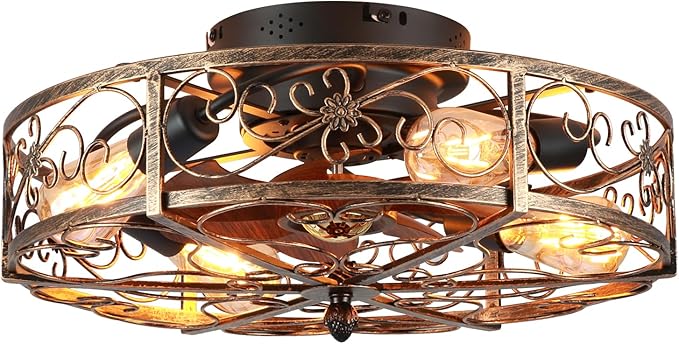 20'' Caged Ceiling Fan with Lights and Remote Control,Small Farmhouse Bladeless Low Profile Ceiling Fans Lights,Vintage Flush Mount Ceiling Light,Reversible Motor 6 Speeds for Bedroom,Living Room