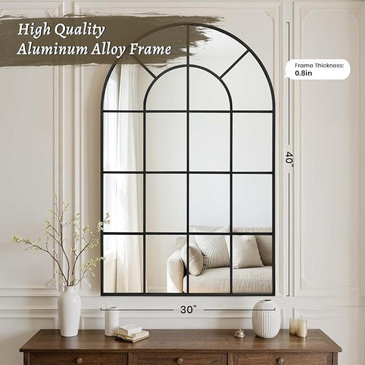 Anpark Arched Windowpane Wall Mirror 30"x40" Black Wall Mounted Art Pane Mirror Farmhouse Decorative Mirror Leaning Hanging Wall Mirror for Bedroom Living Room Entrance Hallway Wall Decor