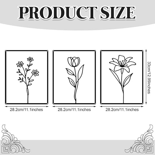 Otoolling 3 Pieces Metal Minimalist Line Kitchen Signs Wall Decor Drawing Rustic Bathroom Wall Art for Dining Living Room Bathroom Home, 14 x 11 Inches (Flower,Black)