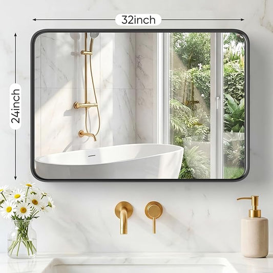 OLIXIS Bathroom Mirror for Over Sink, 24x32 Inch Wall Rounded Rectangle Mirror with Matte Metal Framed, Modern Wall Mount Vanity Mirror for Home Decor, Living Room, Bedroom, Black