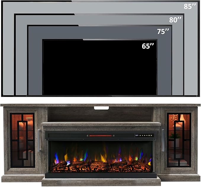 75 Inch Electric Fireplace TV Stand, 3- Side Glass LED Modern Media Entertainment Center Console Table for TVs up to 80/85 Inch w/Adjustable Flame, 40’’ Fireplace, Highboy, Gray Wash