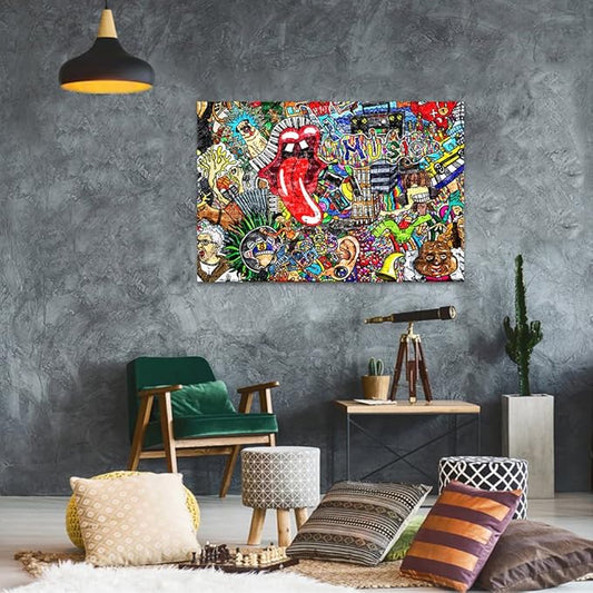 Graffiti Paintings Canvas Colorful Wall Art Living Room Decor Pictures Music Collage on Brick Wall Contemporary Home Decor Modern Artwork Posters and Prints Framed Ready to Hang (44''W x 28''H)
