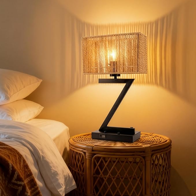 Touch Control Table Lamp, Black Z-Style : 3-Way Dimmable Desk Lamp with USB C & USB A Ports, Bedside Lamp with Phone Stand for Office, Bedroom, Living Room, Includes LED Bulb