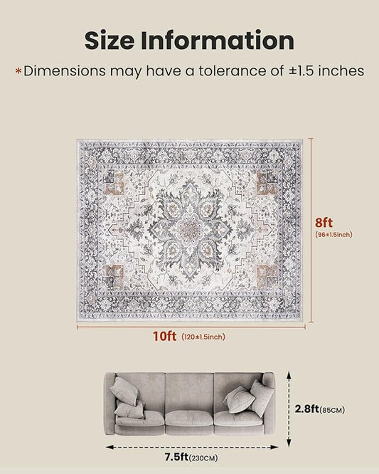 AMADA HOMEFURNISHING 8x10 Area Rugs, Low-Profile Large Washable Area Rug with Non-Slip Backing & Durable Edge Binding, Vintage Rugs for Living Room, Bedroom, Dinning Room