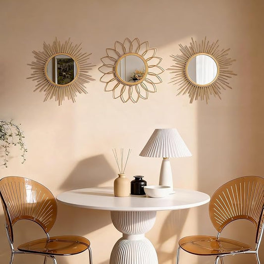 Boho Sunburst Wall Mirror Set of 3, 12 Inch Round Antique & Modern Metal Wall Art, Hanging Over The Door Mirrors for Wall Decor in Living Room, Bedroom, Bathroom, Entryway(Gold)